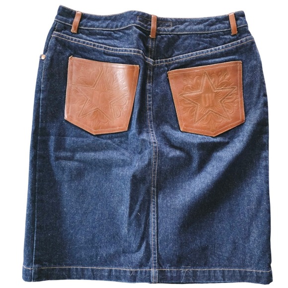 FCUK Jeans Dresses & Skirts - FCUK Jeans Denim Skirt Women's Size 8 Brown Leather Star Pockets Blue Pencil NEW